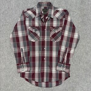 High Noon Mens Western Pearl Snap Shirt Plaid Burgundy Grey Small S RG